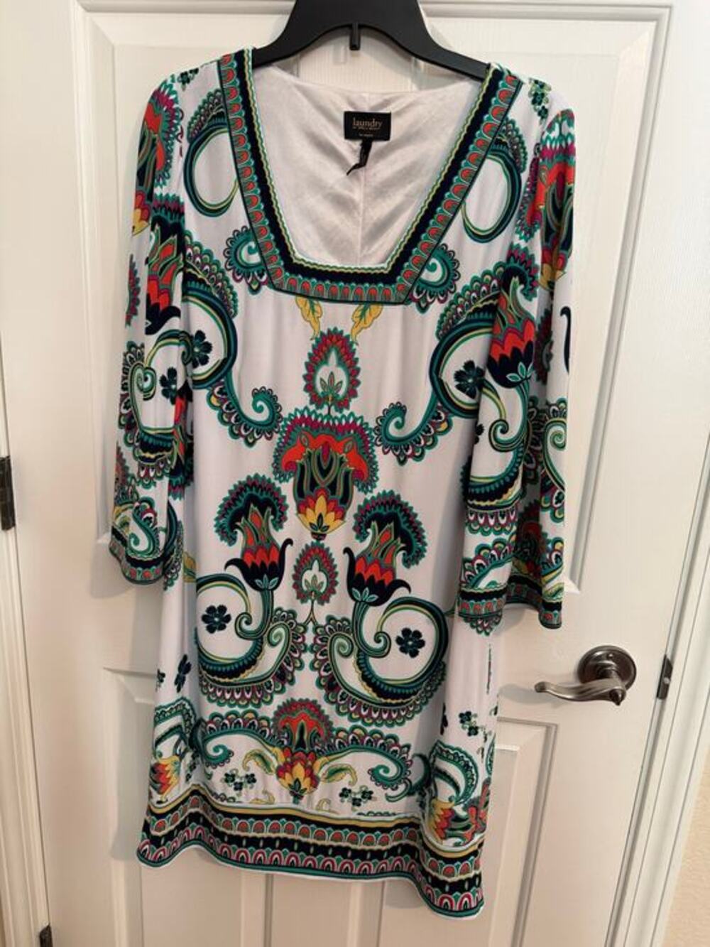 Laundry by Shelli Segal Paisley Print Shift Dress Boho White Red Green Hippie 10
